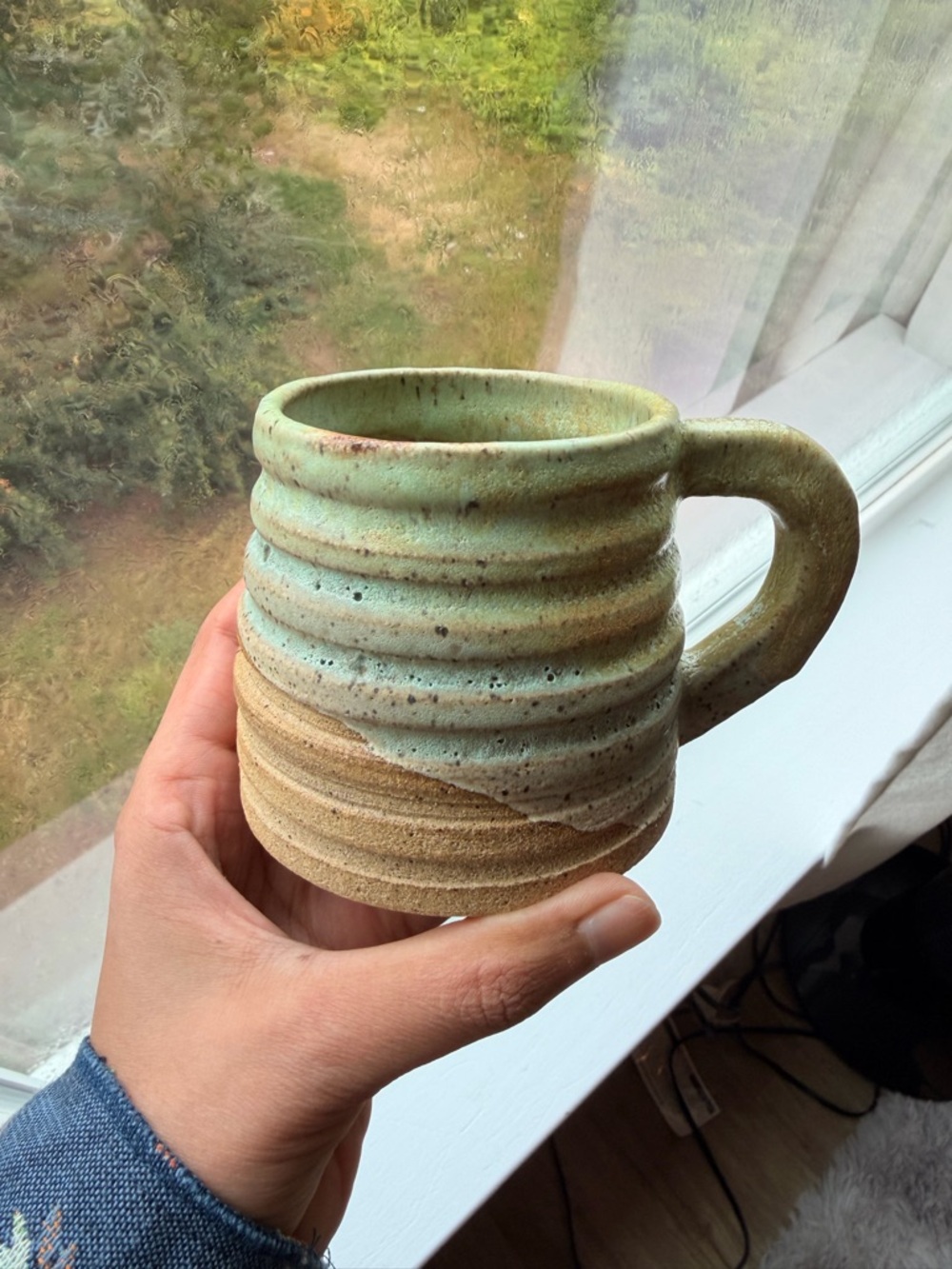 Handmade on the pottery wheel  Ceramic Coffee Mug - Mint Green and Tan